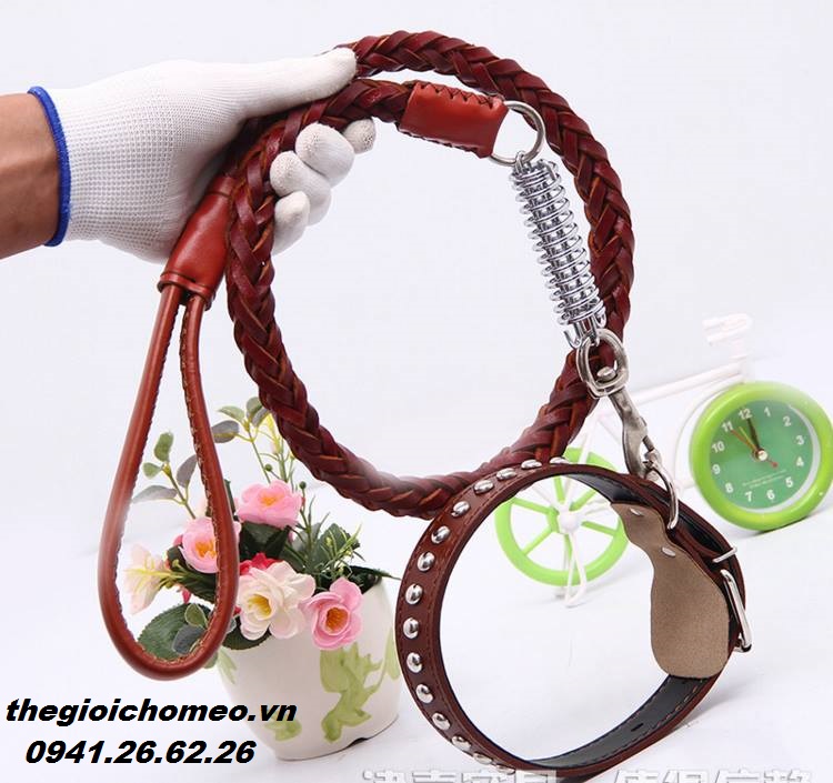 Bộ vòng cổ, dây dắt da cho chó.
